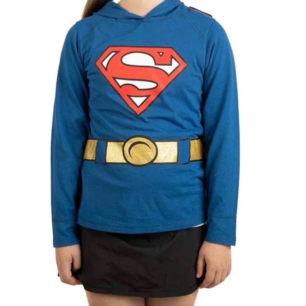 Supergirl Hooded Top Kids Size L 10/12 Blue NWT Detachable Cape Glitter Belt
